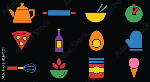 Vibrant kitchen icons for your cooking blog or recipe website, perfect for menus and food apps