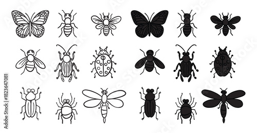 Collection of Hand-Drawn and Silhouette Insect Icons