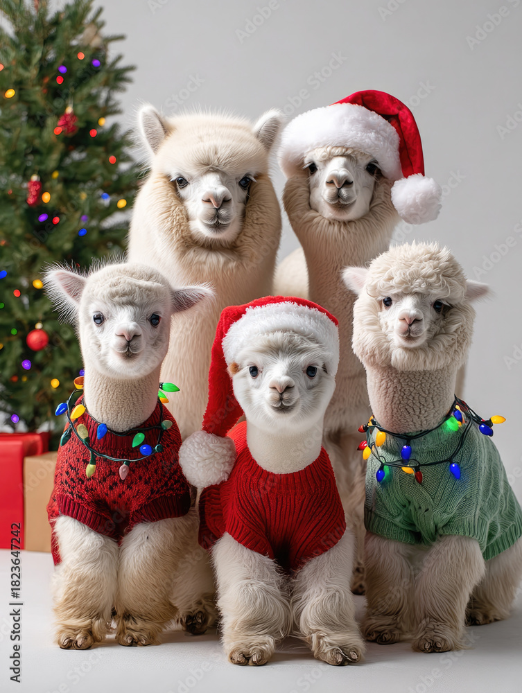 Obraz premium Group of alpacas wearing Christmas sweaters and Santa hats, festive lights, standing near decorated tree, joyful holiday scene