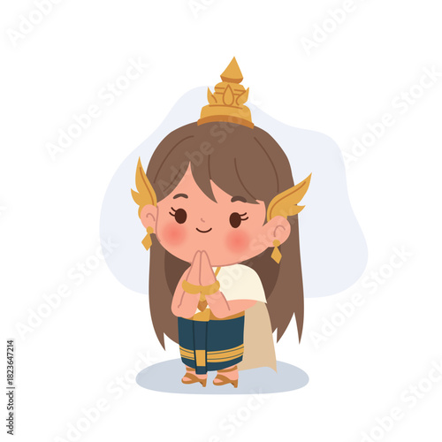 thai traditional costume cute asian girl wai gesture cartoon character cultural thailand illustration for festival and celebration themes