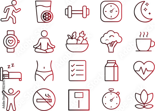 Set of thin line icons representing health, fitness, nutrition, sleep, and wellness concepts for lifestyle and medical applications, isolated on white background