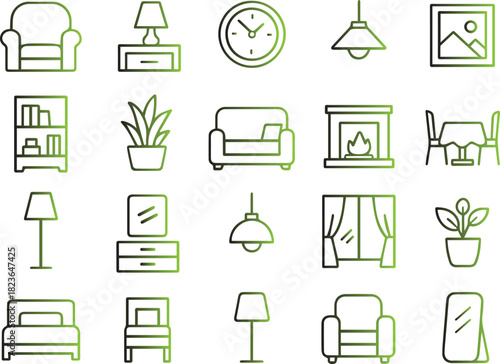 Collection of thin line icon set representing various home furniture and interior design elements for living room and bedroom decoration