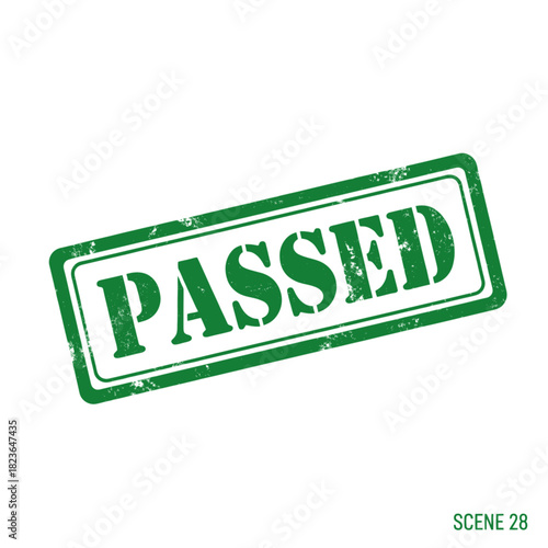 A green rubber stamp with the word PASSED imprinted on it, indicating approval or success.
