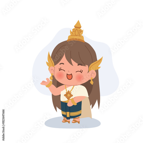 thai girl in cultural dress shown in a cheerful pose. cute thai traditional costume girl vector character thai culture children illustration
