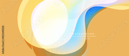 Abstract fluid shapes blend, creating warm golden, blue gradients. Modern design evokes movement, energy, soft light effects.