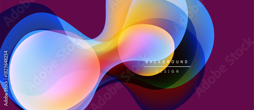 Abstract fluid shapes blend, creating vibrant color gradients. Design features smooth transitions, modern aesthetic. Background is deep purple.