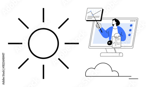Digital learning. Remote presenter displaying data chart from a monitor. Linked with digital learning, virtual communication, and education. For e-learning, webinars, presentations