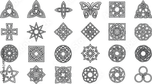 Outline Vector Set of Intricate Celtic Knots, Interlaced Circles, Geometric Stars, Crosses, and Triquetra Symbols, Perfect for Monochromatic Medieval and Spiritual Design Elements