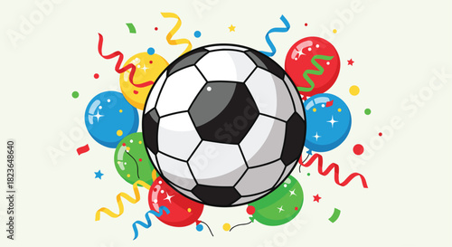 Exciting soccer celebration with colorful balloons and streamers, perfect for sports themed events or party invitations, fun and festive feeling