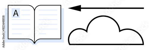 Knowledge sharing concept. Open book with cloud connection and arrow data transfer. Knowledge sharing s cloud-based learning and information accessibility. For education, technology, e-learning