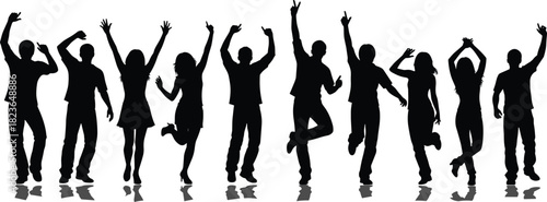 Energetic group silhouette of people dancing and jumping, joyful celebration crowd illustration for party, festival, youth event, design and advertising