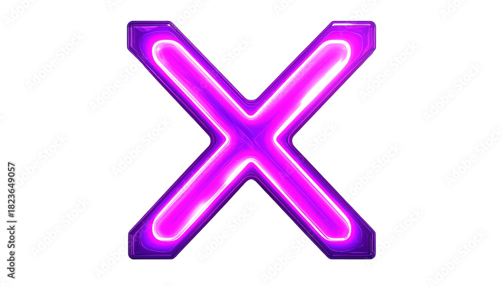 Fototapeta premium Glowing purple neon X against black, with reflections and bright outlines