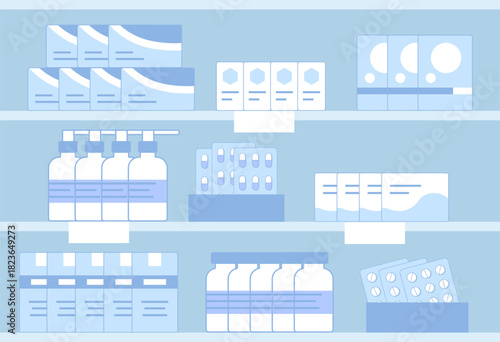 Pharmacy shelves with medications, boxes, jars, pills in blisters, bottles. Monochrome flat background.