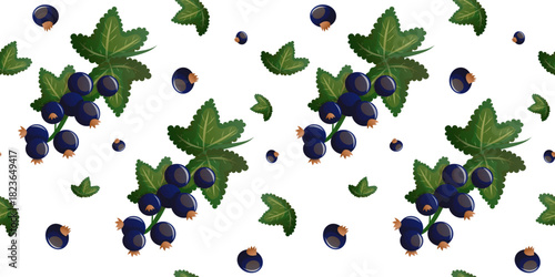 Seamless currant berry pattern with red and black clusters. Repeating seamless pattern featuring red and black currant branches with green leaves, ideal for textiles, packaging and decorative designs.