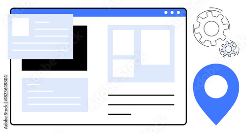 Webpage layout with articles, frames, map pin, and gear shapes symbolizing navigation, settings, and structure. Ideal for technology, SEO, content location browsing innovation user experience