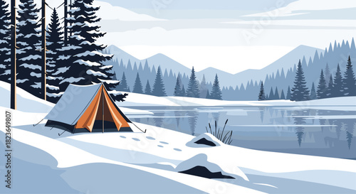 Winter camping adventure with cozy tent near frozen lake and snow-covered mountains perfect for holiday brochures and outdoor lifestyle promotions