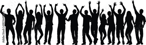 Group of people dancing silhouette, celebrating crowd illustration, party dancers, joyful movement, happy friends raising hands, festive celebration scene