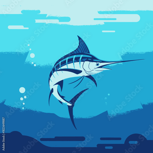 A majestic blue marlin leaps from the deep ocean waters, showcasing its powerful fins and distinctive bill.