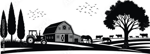 Rural farm landscape silhouette with barn, tractor, cows grazing, horses, trees, farmland fields, countryside scene, agriculture illustration, farming concept