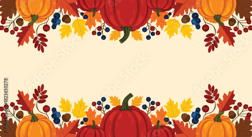 Festive autumn pumpkins and colorful leaves border for Thanksgiving designs, fall greetings, and harvest festival banners with space for text