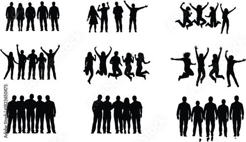 Silhouette groups of people standing, jumping, celebrating, friendship teamwork concept, diverse community unity illustration for social media, youth lifestyle and teamwork designs