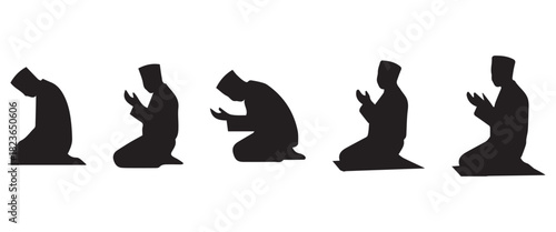 “Islamic Prayer Silhouettes Set, Muslim Men Performing Salat/Namaz in Various Positions, Kneeling and Rakat Sequence, Black and White Vector Illustration”Web