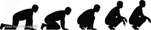 Silhouette sequence of man transitioning from crawling to squatting, human movement progression, posture change illustration, evolution motion concept for design