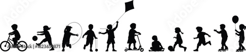 Silhouettes of children playing outdoors engaging in various fun activities like biking, running, skating, flying kites and games together happily
