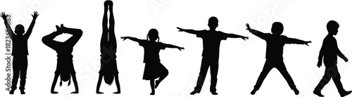 Silhouettes of children exercising, stretching, balancing, and playing, showcasing active kids in various poses, creative movement, fitness, childhood activity illustration