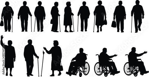 Silhouettes of elderly people walking with canes, greeting, interacting, and using wheelchairs, representing senior mobility, aging support, healthcare and independence