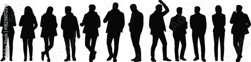 Silhouettes of diverse business professionals standing in various poses, corporate team illustration, modern office workers, teamwork concept, leadership, company staff silhouettes