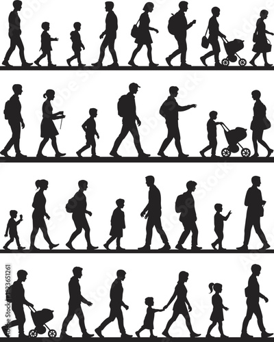 Silhouettes of families walking together in multiple rows, parents and children commuting, stroller scenes, everyday urban life illustration for design