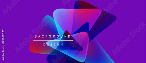 Abstract shapes overlap, creating vibrant color gradients. Purple background enhances dynamic visual effect. Text reads background design.