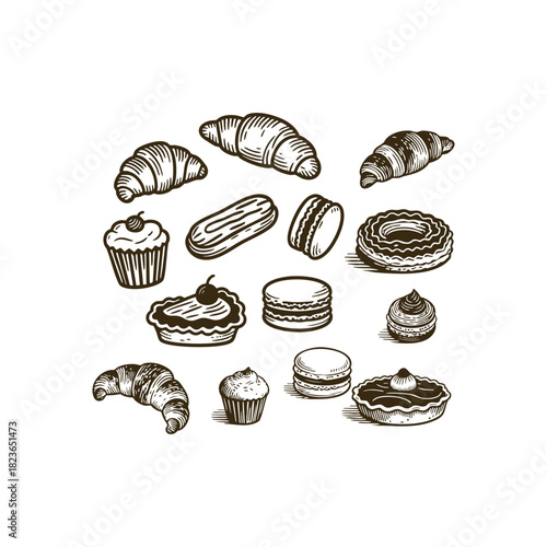 A delicious collection of classic pastries and desserts illustrated in a vintage engraving style