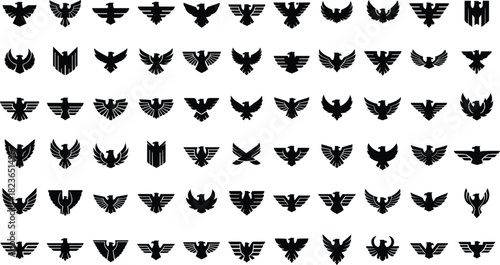 Mega Vector Set of Black Eagle, Falcon, and Bird of Prey Silhouettes, Ideal for Creating Military, Sports Team, Corporate, Automotive, and Heraldic Logo Emblems