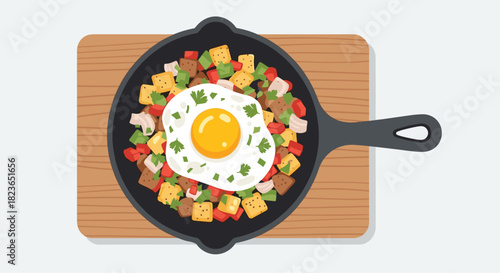 Delicious breakfast skillet with fried egg and vegetable hash on wood board offers a healthy and satisfying meal to start your day right