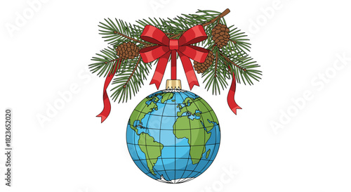 Celebrate global unity with a festive Earth globe ornament, adorned with a vibrant red bow and evergreen sprigs for a joyful holiday season
