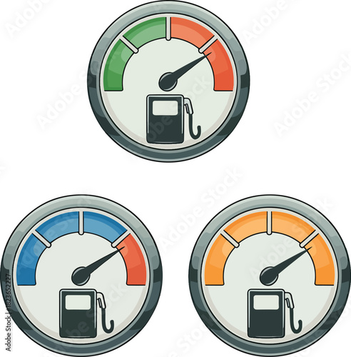 Three fuel gauges showing different levels