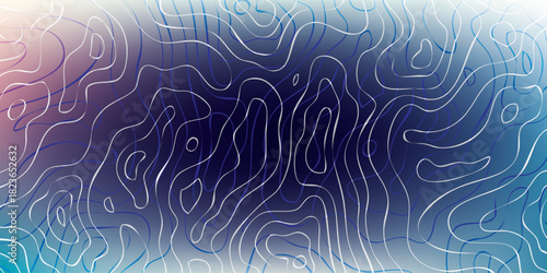 Glossy embossed topographic contour lines creating a fluid abstract pattern on a colorful gradient.