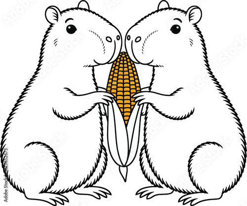 Two capybaras sharing a corn cob illustration