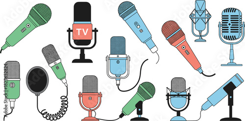 Colorful Vector Set of Retro and Modern Microphones, Including Studio, Interview, Performance, and Broadcast Mics, Ideal for Media, Podcast, and Entertainment Graphics