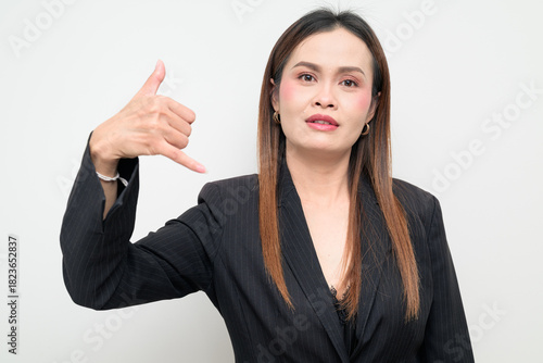 Wallpaper Mural Asian Business Woman Shaka Gesture Studio Portrait on White Background Torontodigital.ca