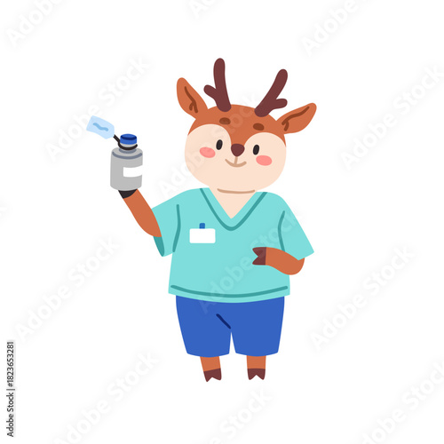 Deer pediatrician character. Cute animal doctor in scrubs holding medicine, remedy bottle. Hospital healthcare pediatrist with medication. Flat vector illustration isolated on white background