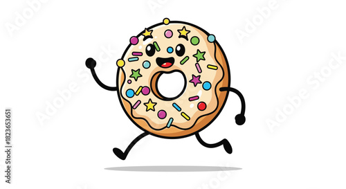 Adorable donut character running with a happy smile and colorful sprinkles, a whimsical illustration for children's books or playful designs