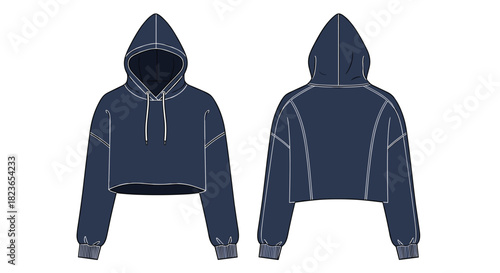 Stylish navy crop hoodie apparel design template for fashion designers and clothing brands looking for trendy outerwear inspiration