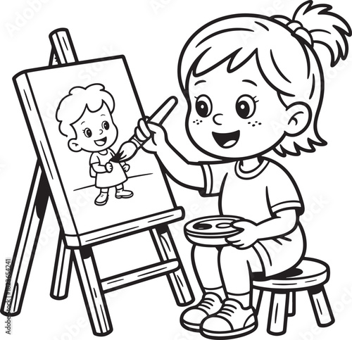 Young artist happily paints a self portrait on an easel