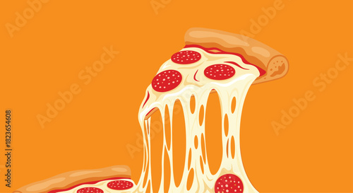 Mouthwatering pepperoni pizza slices with dripping cheese on vibrant orange background bring delicious food vibes for your next project