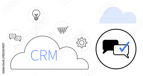 Cloud labeled CRM surrounded by icons for communication, e-commerce, ideas, and workflow. Checked message bubble emphasizes interaction. Ideal for networking, management, sales, collaboration