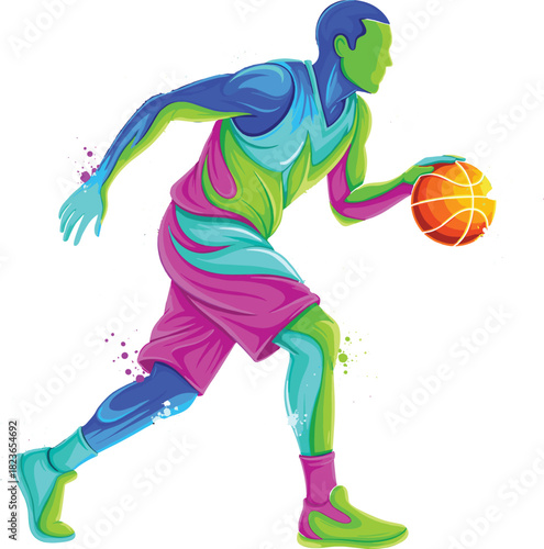Vibrant Vector Illustration of a Basketball Player Dribbling the Ball, Created with a Dynamic Watercolor Splash and Colorful Abstract Effect, Representing Sports Action and Energy