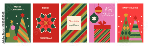 A set of five Christmas greeting cards or covers with abstract holiday elements, including a tree, star, ball, gift, and poinsettia.